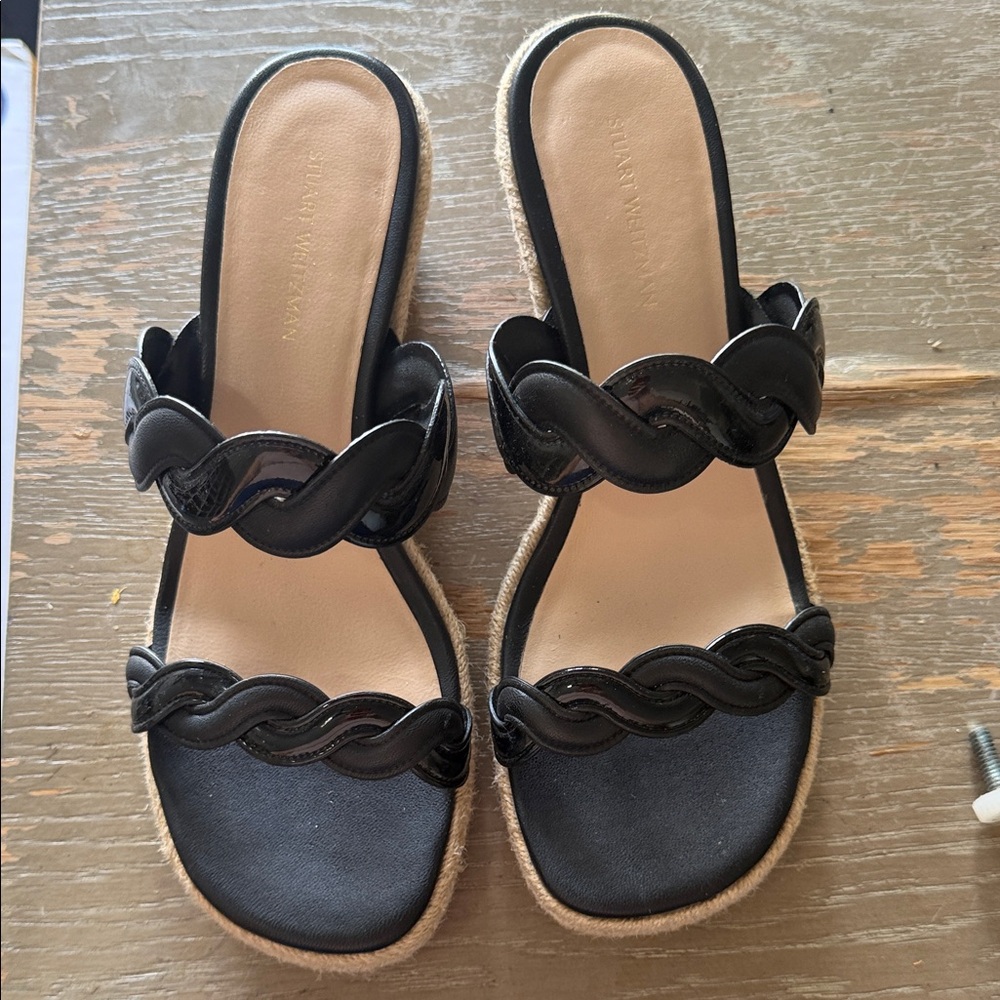 Stuart Weitzman Black Braided Double-Band Slide Mules